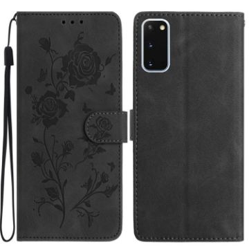 Samsung Galaxy S20 5G Black Leather Case with Rose Flower Embossing - 1