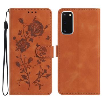 Samsung Galaxy S20 5G Brown Leather Case with Rose Flower Embossing - 1