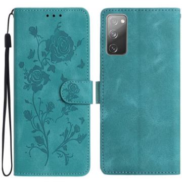 Samsung Galaxy S20 FE 5G Green Rose Embossed Leather Phone Case - 1