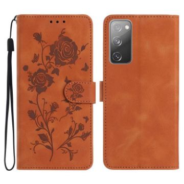 Samsung Galaxy S20 FE 5G Brown Rose Embossed Leather Phone Case - 1
