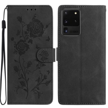 Samsung Galaxy S20 Ultra 5G Black Rose Embossed Leather Phone Case - 1