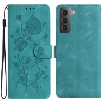 Samsung Galaxy S21 5G Green Rose Embossed Leather Phone Case - 1