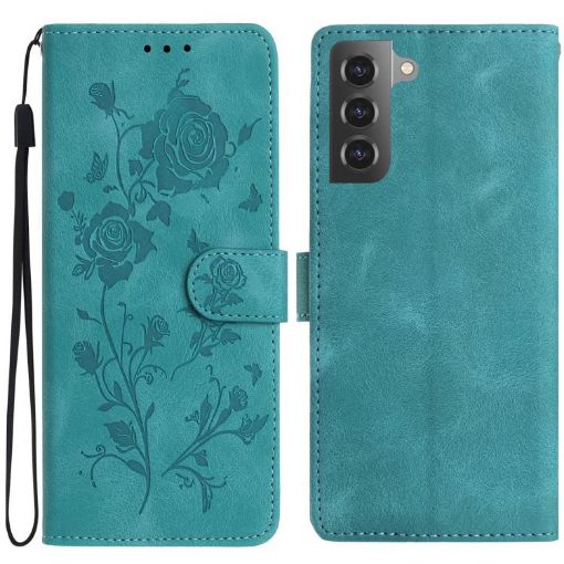 Samsung Galaxy S21 5G Green Rose Embossed Leather Phone Case - 1