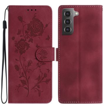 Samsung Galaxy S21 5G Red Rose Embossed Leather Phone Case - 1