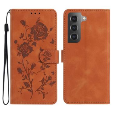 Samsung Galaxy S21 5G Brown Rose Flower Embossed Leather Phone Case - 1