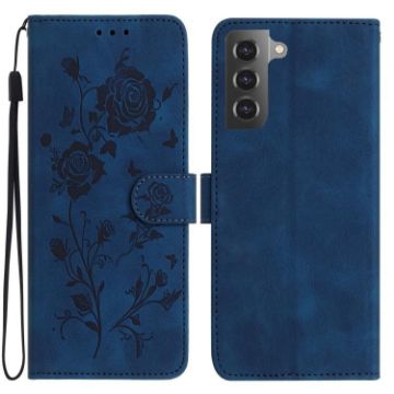 Samsung Galaxy S21+ 5G Leather Case, Rose Flower Embossed, Dark Blue - 1
