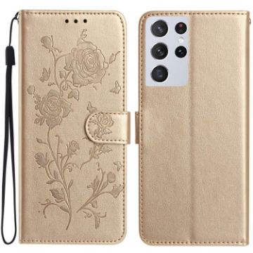 Samsung Galaxy S21 Ultra 5G Rose Flower Embossed Leather Case Gold - 1