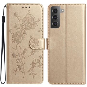 Samsung Galaxy S22 5G Gold Rose Flower Embossed Leather Phone Case - 1