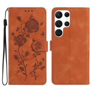 Samsung Galaxy S22 Ultra 5G Brown Rose Embossed Leather Phone Case - 1