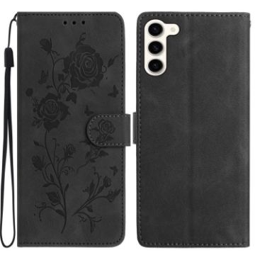 Samsung Galaxy S23 5G Black Rose Flower Embossed Leather Phone Case - 1