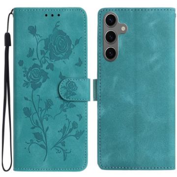 Samsung Galaxy S24 5G Green Rose Embossed Leather Phone Case - 1