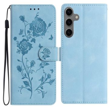 Samsung Galaxy S24 FE 5G Leather Case, Rose Flower Embossed, Sky Blue - 1