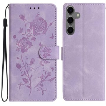 Samsung Galaxy S24 FE 5G Leather Case, Rose Flower Pattern, Light Purple - 1