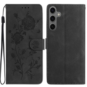 Samsung Galaxy S24+ 5G Black Leather Case with Rose Flower Embossing - 1
