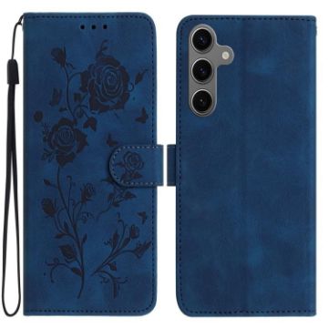 Samsung Galaxy S25 5G Dark Blue Rose Embossed Leather Phone Case - 1