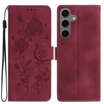 Samsung Galaxy S25 5G Red Rose Flower Embossed Leather Phone Case - 1