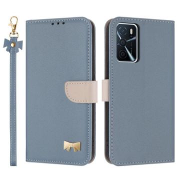 OPPO A16 Light Blue Leather Phone Case with Metal Bow & Hand Strap - 1