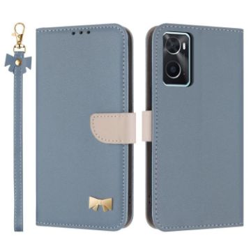 OPPO A36/A76/A96 Light Blue Leather Phone Case with Hand Strap - 1