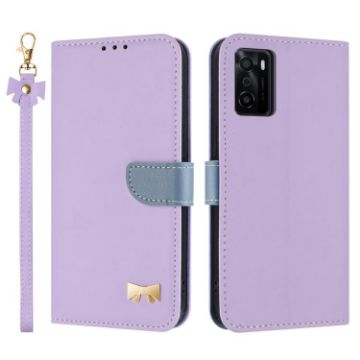 OPPO A55s 5G Japan Purple Leather Phone Case with Metal Bow & Strap - 1