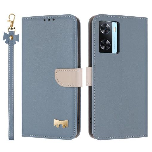 OPPO A77/A57 4G Leather Phone Case with Hand Strap - Light Blue - 1