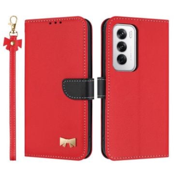 OPPO Reno12 5G Red Leather Phone Case with Hand Strap & Metal Bow - 1
