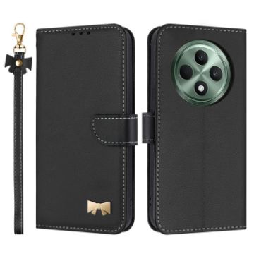 OPPO Reno12 F Global Black Leather Phone Case with Hand Strap - 1