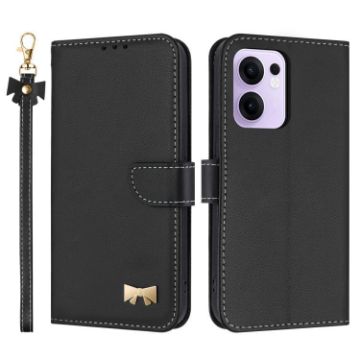 OPPO Reno13 F Global Black Leather Phone Case with Hand Strap - 1