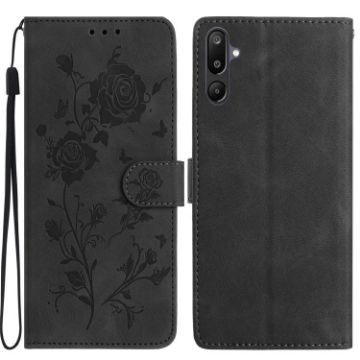 Samsung Galaxy F16 Black Leather Case with Rose Flower Embossing Pattern - 1