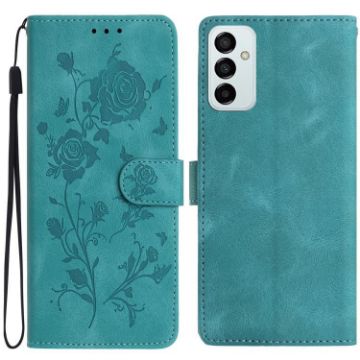 Samsung Galaxy M23 Green Leather Case with Rose Flower Embossing - 1