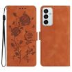 Samsung Galaxy M23 Brown Leather Case with Rose Flower Embossing Pattern - 1