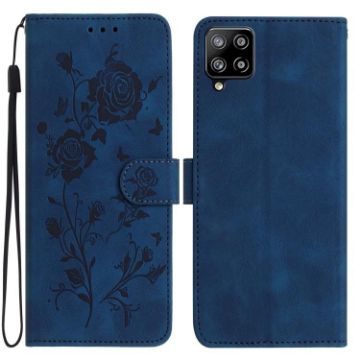 Samsung Galaxy M32 Dark Blue Rose Embossed Leather Phone Case - 1