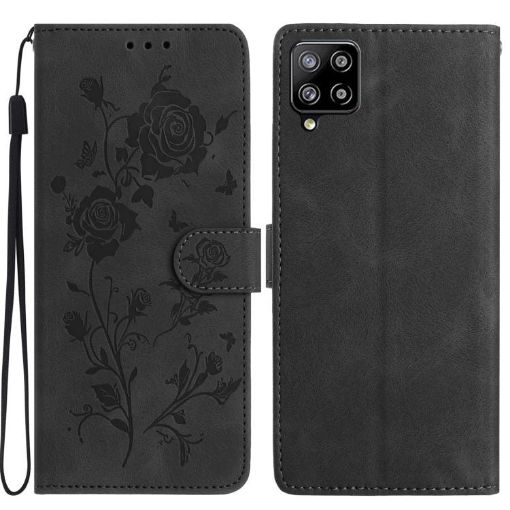 Samsung Galaxy M32 Black Leather Case with Rose Flower Embossing Pattern - 1