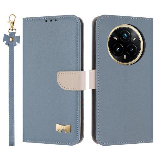 Realme 14 Pro+ 5G Light Blue Leather Phone Case with Hand Strap - 1