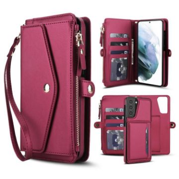 Samsung Galaxy S21+ 5G Red Leather Wallet Phone Case with Lanyard - 1