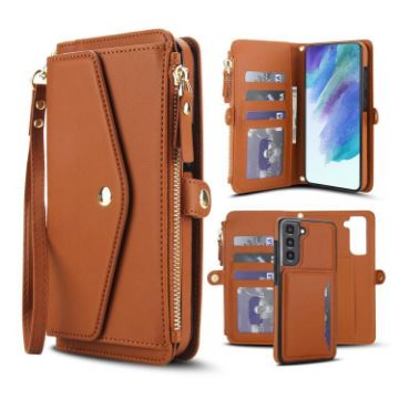 Samsung Galaxy S21 FE 5G Wallet Leather Phone Case with Lanyard Brown - 1