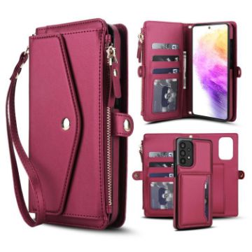 Samsung Galaxy A53 5G Red Leather Wallet Phone Case with Lanyard - 1