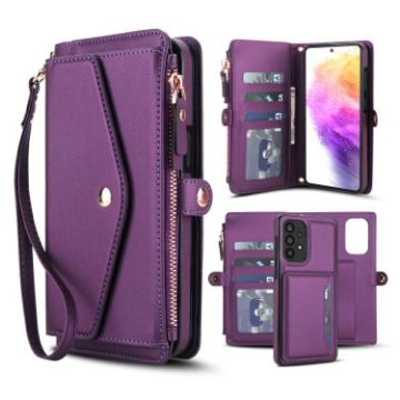 Samsung Galaxy A72 5G Wallet Leather Phone Case with Lanyard, Purple - 1