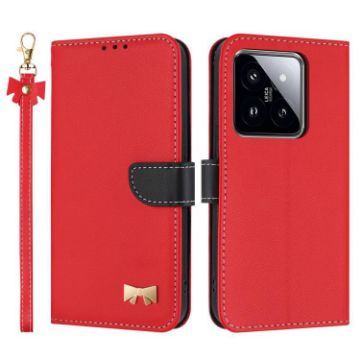 Xiaomi 14 Pro Red Metal Bow Leather Phone Case with Hand Strap - 1