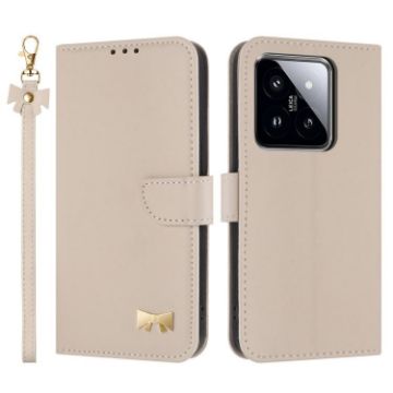 Xiaomi 14 Pro Apricot Leather Phone Case with Metal Bow & Hand Strap - 1