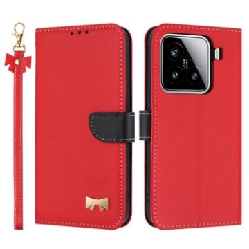 Xiaomi 15 Red Leather Phone Case with Metal Bow & Hand Strap - 1