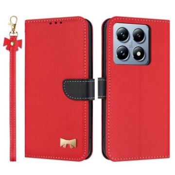 Xiaomi 14T Red Metal Bow Leather Phone Case with Hand Strap - 1