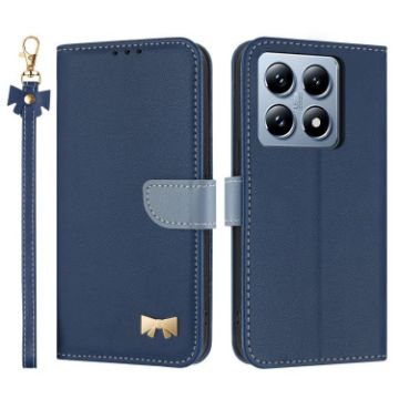 Xiaomi 14T Dark Blue Metal Bow Leather Phone Case with Hand Strap - 1